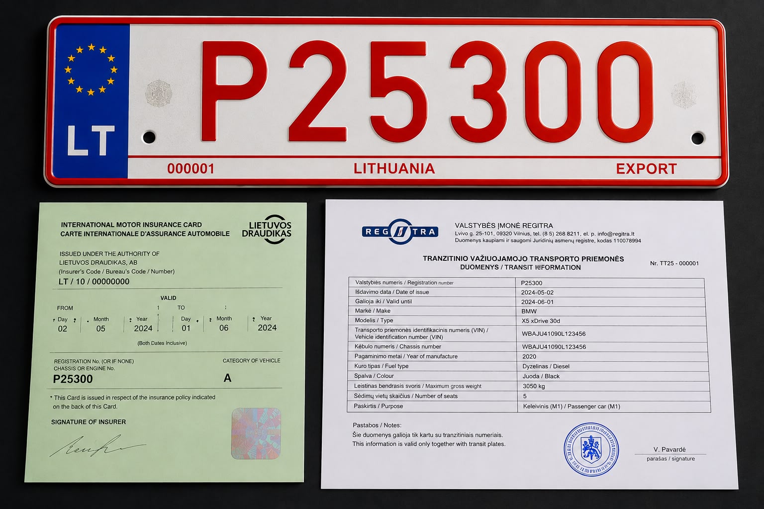 Litouws exportkenteken met bijbehorende groene verzekeringskaart en Regitra transitdocument