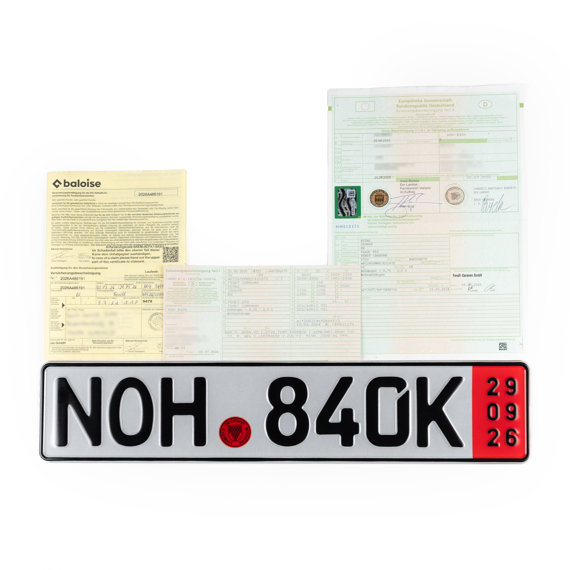 Duits Zollkennzeichen met rood geldigheidsvak, GDV verzekeringskaart en Fahrzeugschein