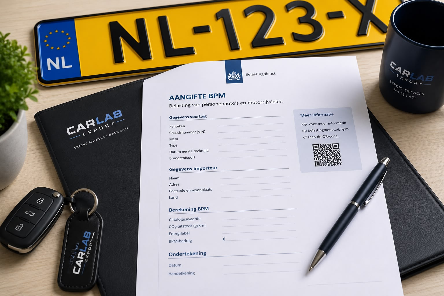 Nederlands geel kenteken met BPM-aangifteformulier en Carlab Export map en sleutelhanger