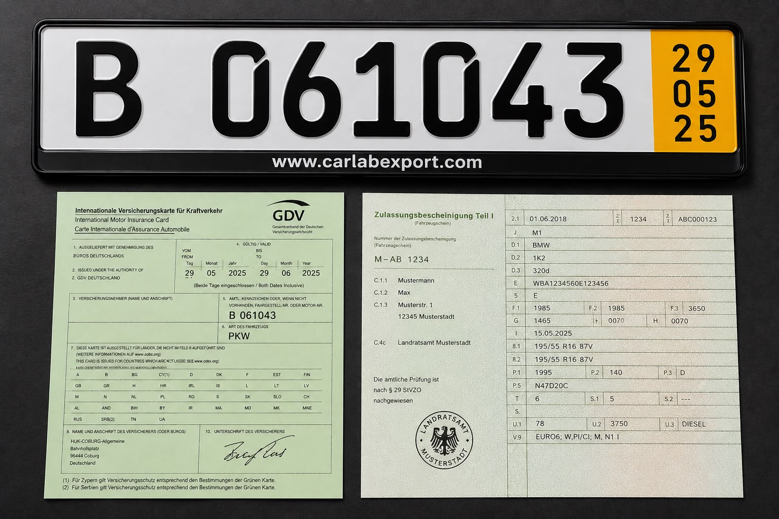 Duits 5-daagse kortzeitkenteken met gele geldigheidsvak, verzekeringskaart en Zulassungsbescheinigung