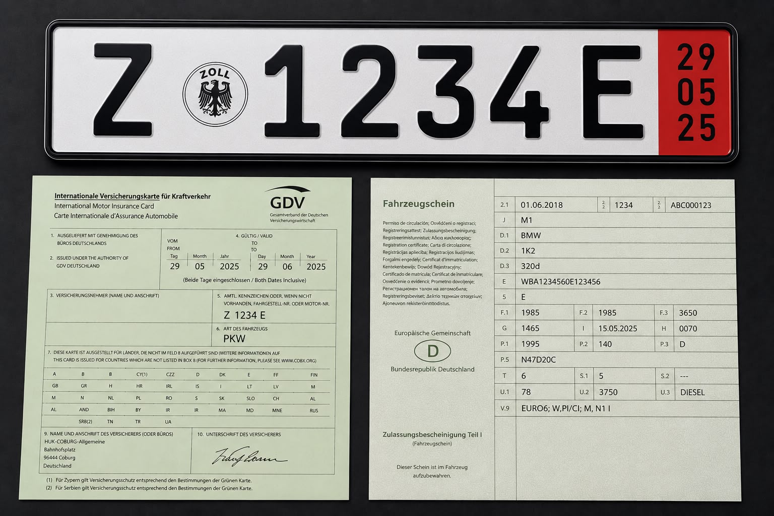 Duits Zollkennzeichen met rood geldigheidsvak, GDV verzekeringskaart en Fahrzeugschein